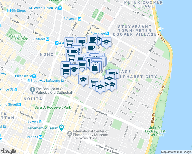 map of restaurants, bars, coffee shops, grocery stores, and more near 113 East 7th Street in New York