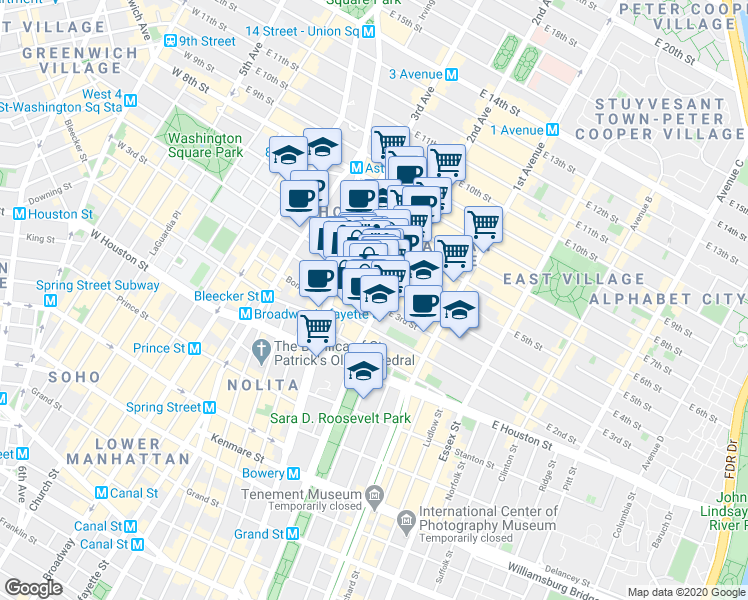 map of restaurants, bars, coffee shops, grocery stores, and more near 66 East 4th Street in New York