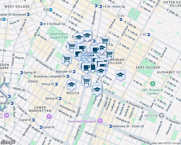 map of restaurants, bars, coffee shops, grocery stores, and more near 348 Bowery in New York