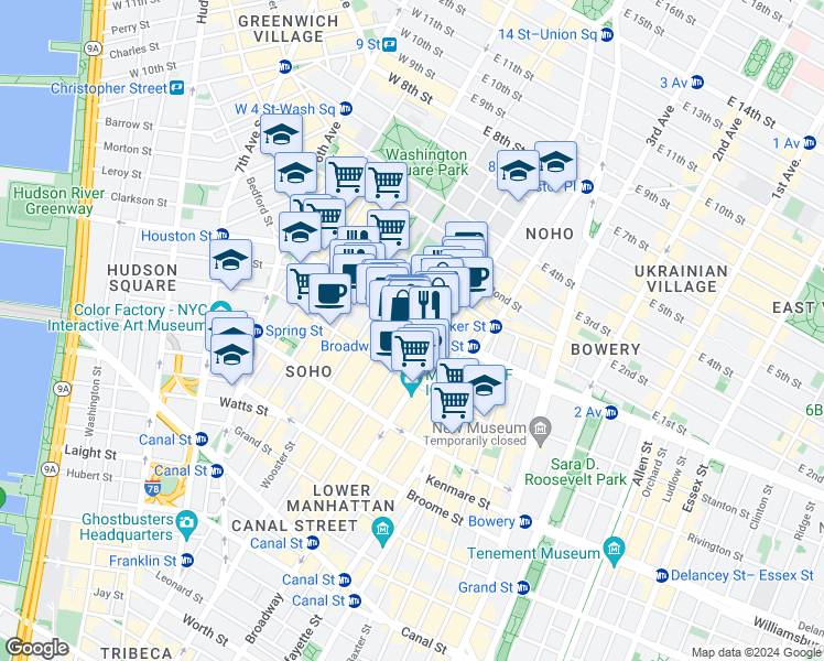 map of restaurants, bars, coffee shops, grocery stores, and more near in New York