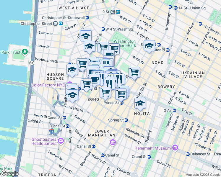 map of restaurants, bars, coffee shops, grocery stores, and more near 71 West Houston Street in New York