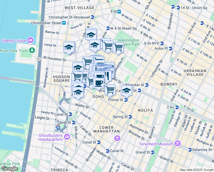 map of restaurants, bars, coffee shops, grocery stores, and more near 155-159 Sullivan Street in New York