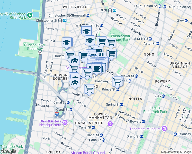map of restaurants, bars, coffee shops, grocery stores, and more near 132 Thompson Street in New York