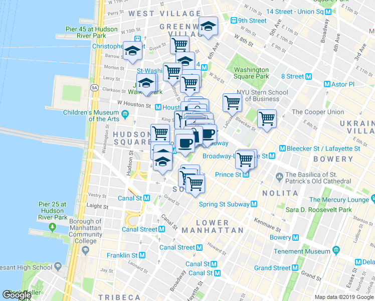 map of restaurants, bars, coffee shops, grocery stores, and more near 144 Sullivan Street in New York