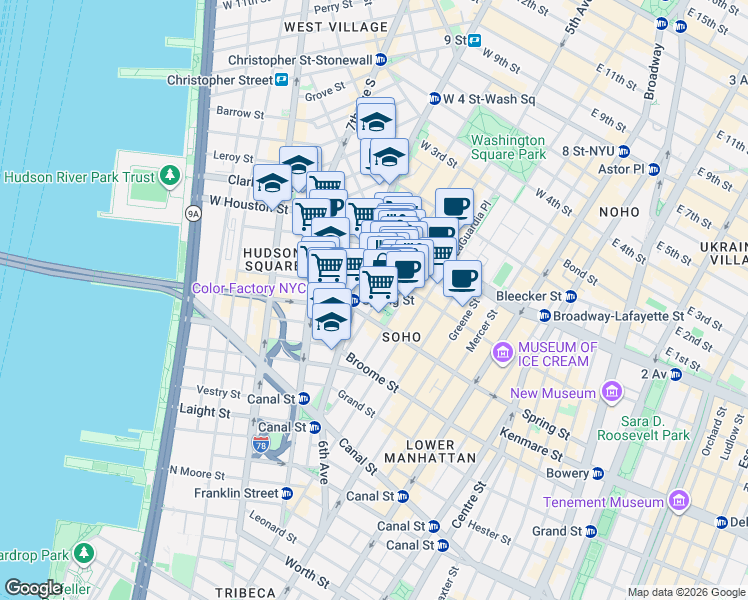 map of restaurants, bars, coffee shops, grocery stores, and more near 144 Sullivan Street in New York