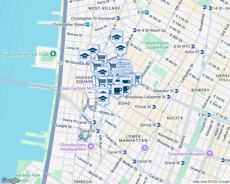 map of restaurants, bars, coffee shops, grocery stores, and more near 144 Sullivan Street in New York