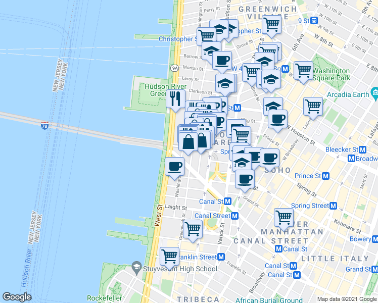 map of restaurants, bars, coffee shops, grocery stores, and more near 5322 Washington Street in New York