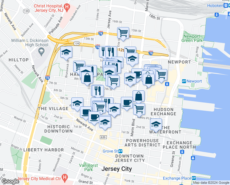 map of restaurants, bars, coffee shops, grocery stores, and more near 223 Pavonia Avenue in Jersey City