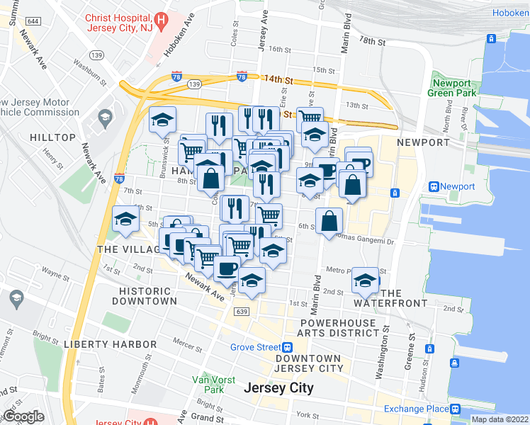map of restaurants, bars, coffee shops, grocery stores, and more near 249 8th Street in Jersey City