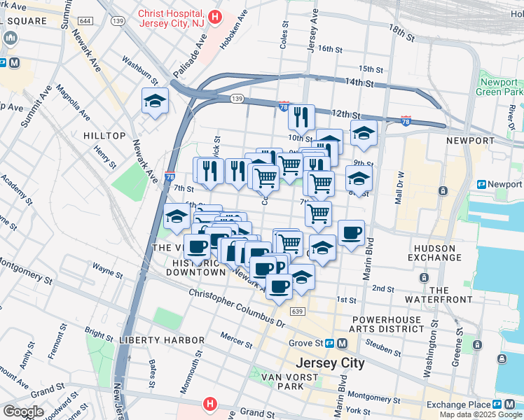 map of restaurants, bars, coffee shops, grocery stores, and more near 299 7th Street in Jersey City