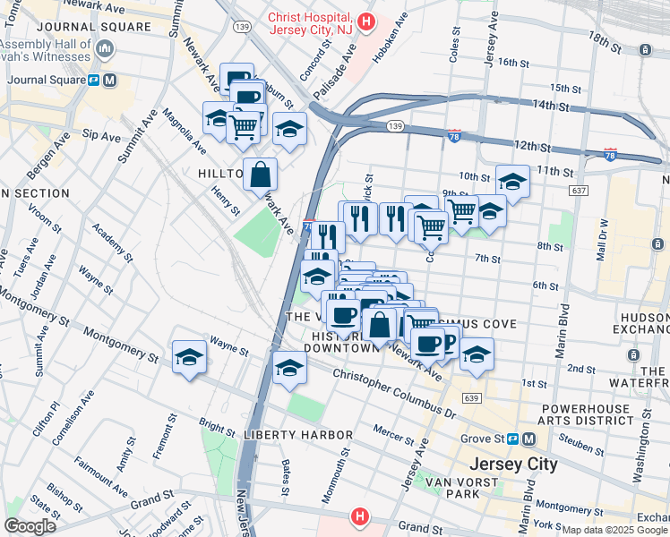 map of restaurants, bars, coffee shops, grocery stores, and more near 342 7th Street in Jersey City