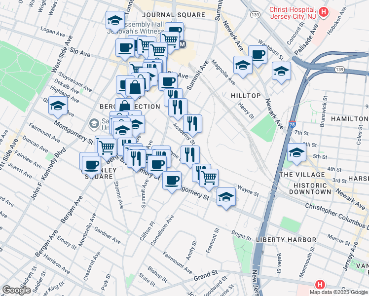map of restaurants, bars, coffee shops, grocery stores, and more near 121 Baldwin Avenue in Jersey City