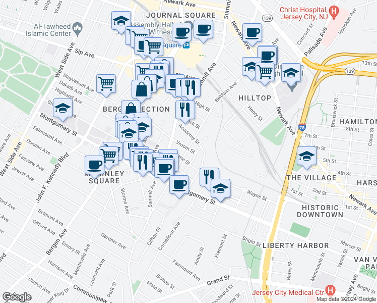 map of restaurants, bars, coffee shops, grocery stores, and more near 121 Baldwin Avenue in Jersey City