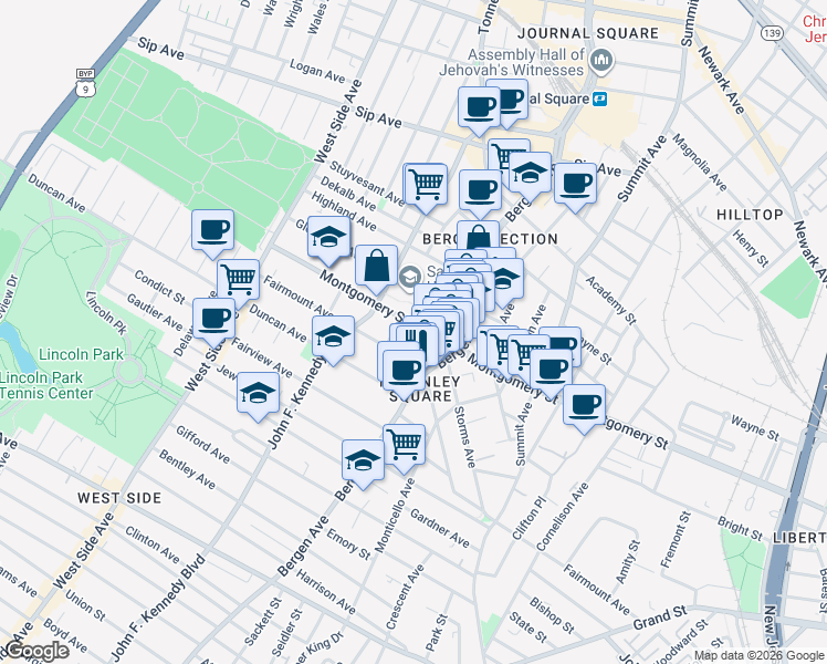 map of restaurants, bars, coffee shops, grocery stores, and more near 798-808 Montgomery Street in Jersey City