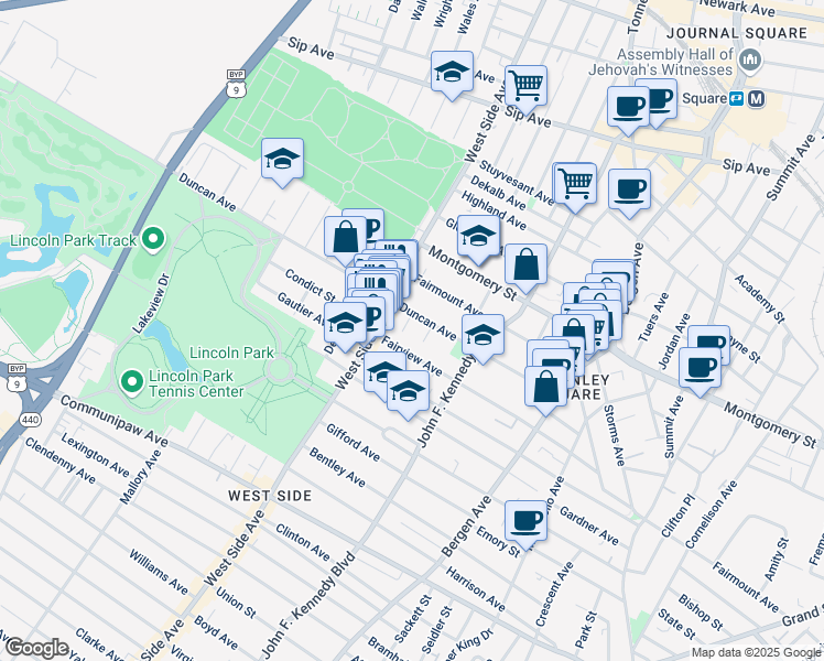 map of restaurants, bars, coffee shops, grocery stores, and more near in Jersey City