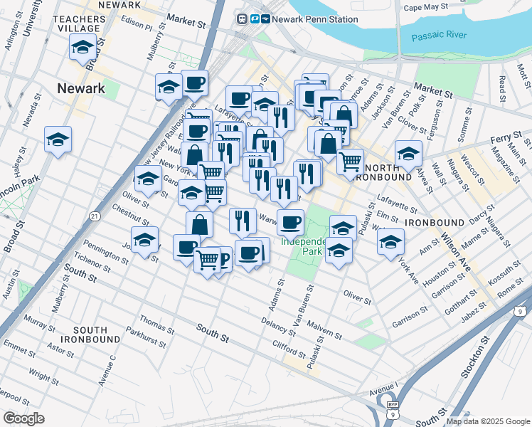 map of restaurants, bars, coffee shops, grocery stores, and more near 153 New York Avenue in Newark