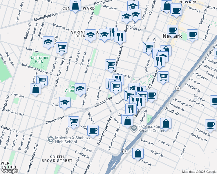map of restaurants, bars, coffee shops, grocery stores, and more near 751 Doctor Martin Luther King Junior Boulevard in Newark