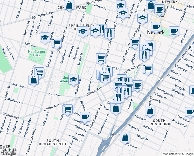 map of restaurants, bars, coffee shops, grocery stores, and more near 751 Doctor Martin Luther King Junior Boulevard in Newark