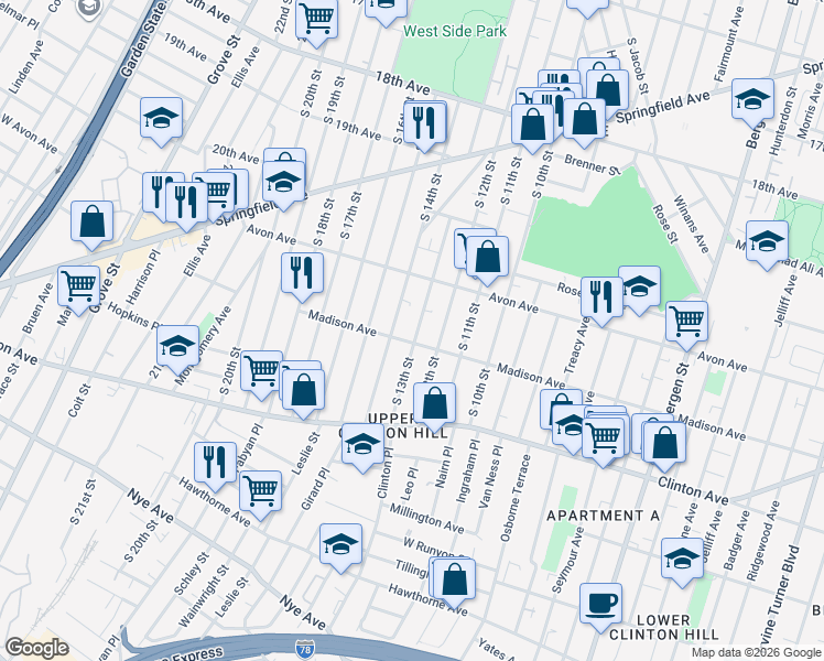 map of restaurants, bars, coffee shops, grocery stores, and more near 800 South 14th Street in Newark