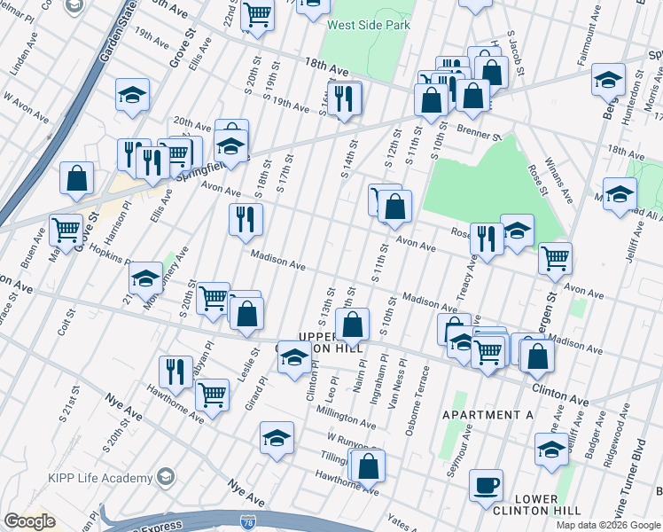 map of restaurants, bars, coffee shops, grocery stores, and more near 800 South 14th Street in Newark