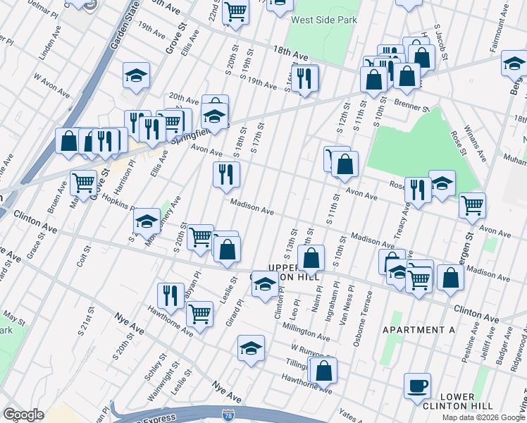 map of restaurants, bars, coffee shops, grocery stores, and more near 801 South 15th Street in Newark
