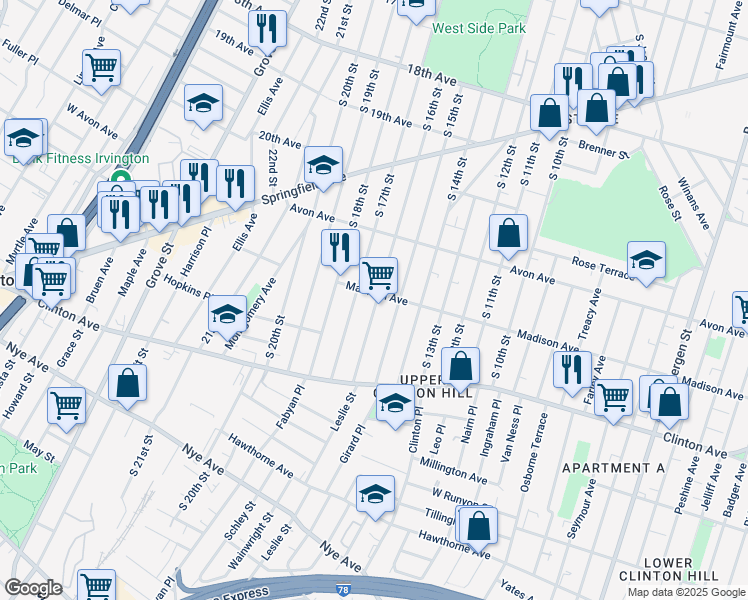 map of restaurants, bars, coffee shops, grocery stores, and more near 823-845 South 16th Street in Newark