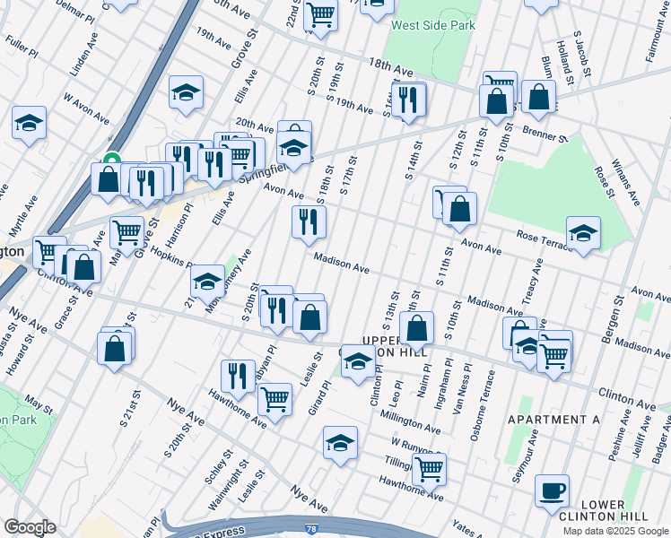 map of restaurants, bars, coffee shops, grocery stores, and more near 823-845 South 16th Street in Newark