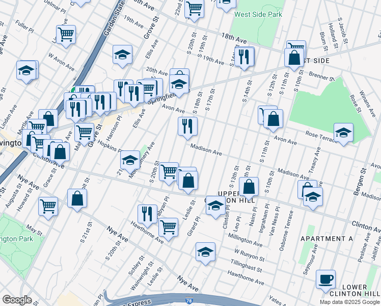 map of restaurants, bars, coffee shops, grocery stores, and more near 853 South 18th Street in Newark