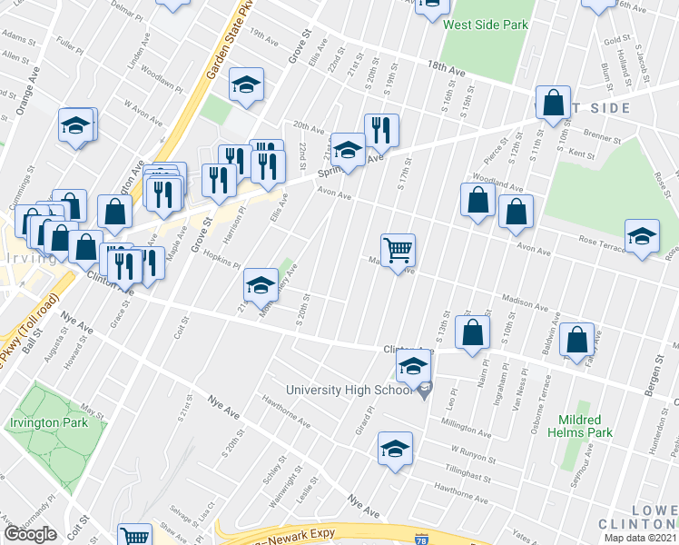 map of restaurants, bars, coffee shops, grocery stores, and more near 862 South 20th Street in Newark