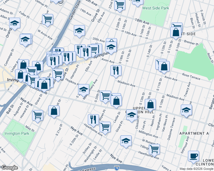 map of restaurants, bars, coffee shops, grocery stores, and more near 862 South 20th Street in Newark