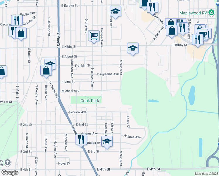 map of restaurants, bars, coffee shops, grocery stores, and more near 918 East Vine Street in Lima