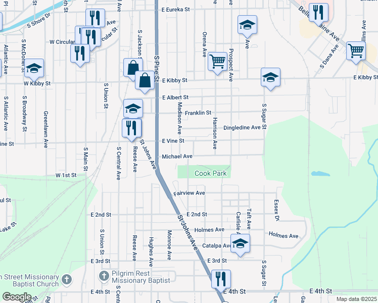 map of restaurants, bars, coffee shops, grocery stores, and more near 611 East Vine Street in Lima