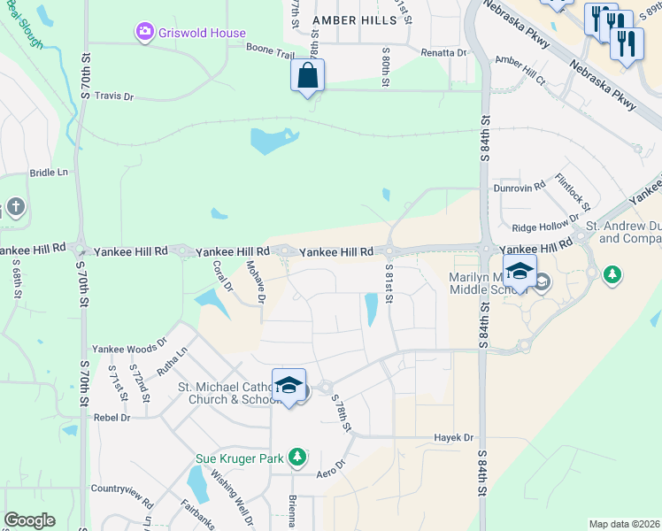 map of restaurants, bars, coffee shops, grocery stores, and more near 7800 Yankee Hill Road in Lincoln