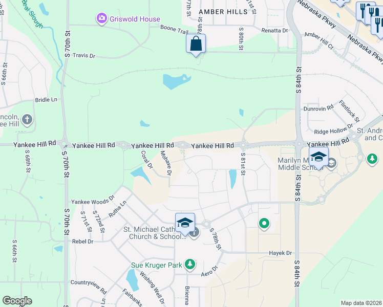 map of restaurants, bars, coffee shops, grocery stores, and more near 7800 Yankee Hill Road in Lincoln