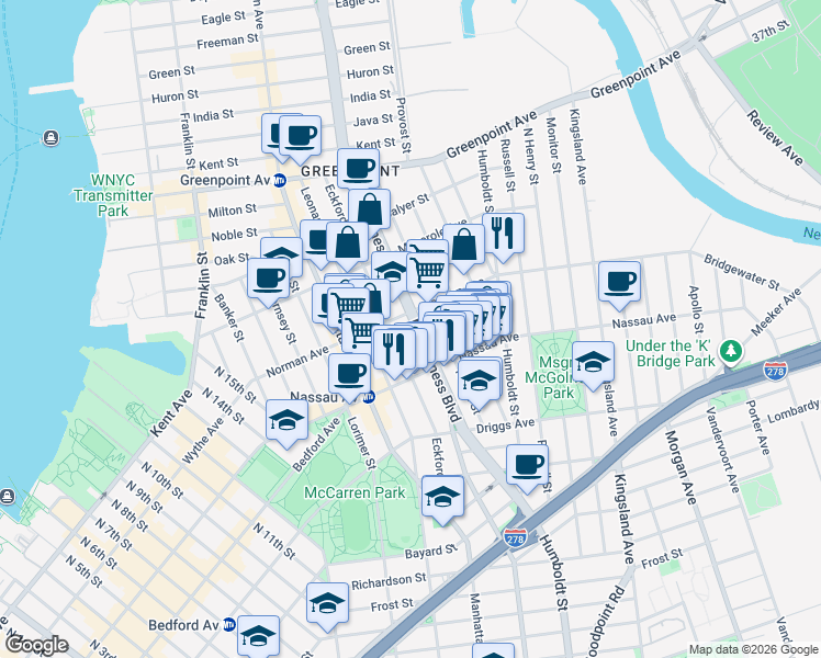 map of restaurants, bars, coffee shops, grocery stores, and more near in Brooklyn