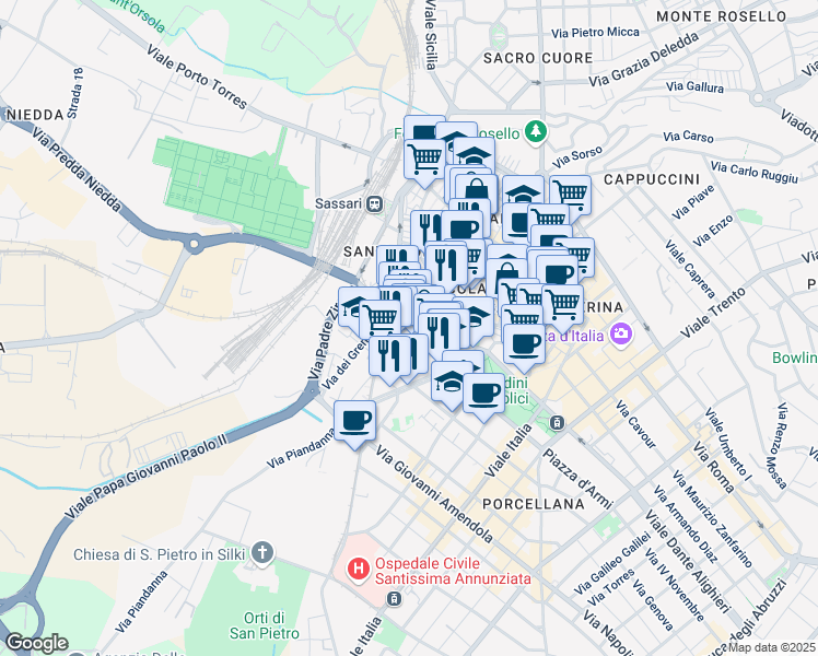 map of restaurants, bars, coffee shops, grocery stores, and more near in Sassari
