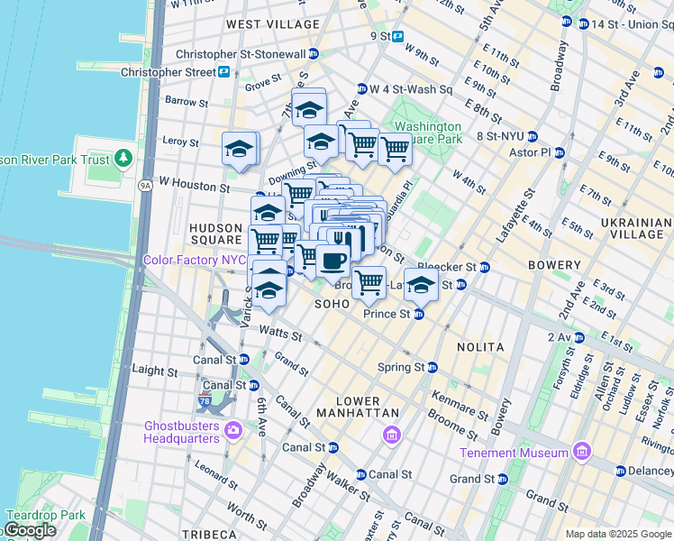 map of restaurants, bars, coffee shops, grocery stores, and more near 132 Thompson Street in New York
