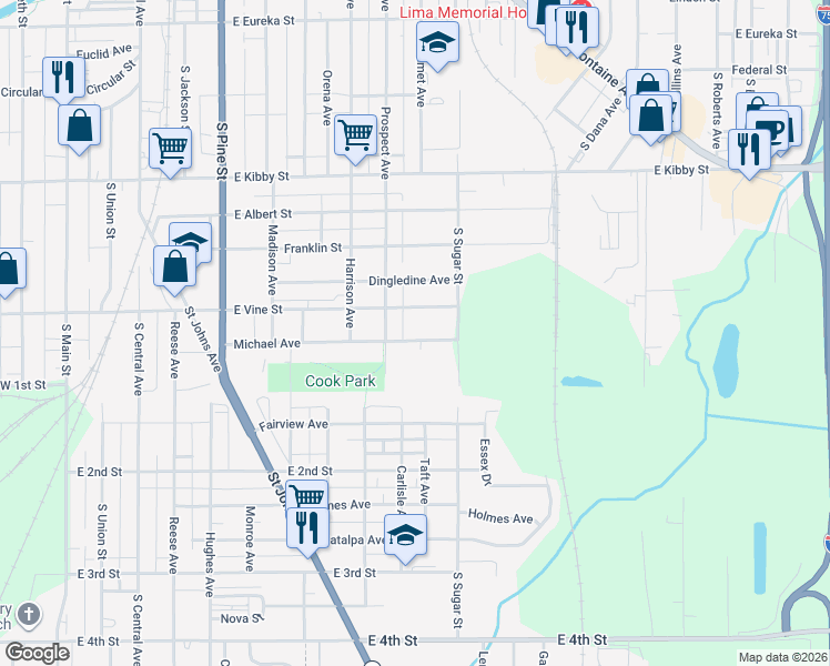 map of restaurants, bars, coffee shops, grocery stores, and more near 918 East Vine Street in Lima