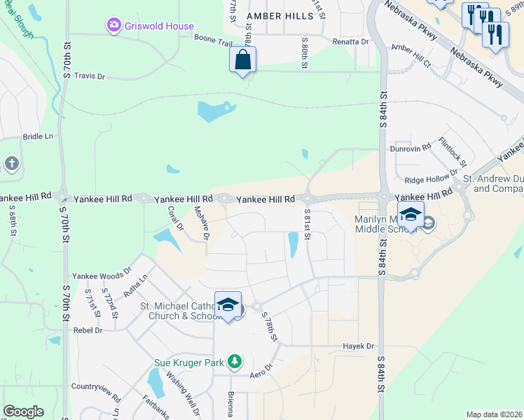 map of restaurants, bars, coffee shops, grocery stores, and more near 7800 Yankee Hill Road in Lincoln