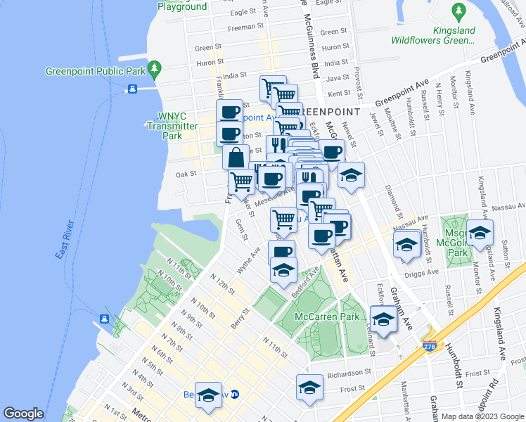 map of restaurants, bars, coffee shops, grocery stores, and more near 117 Dobbin Street in Brooklyn