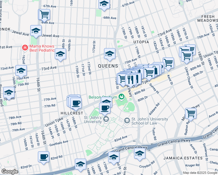 map of restaurants, bars, coffee shops, grocery stores, and more near 76-16 176th Street in Queens