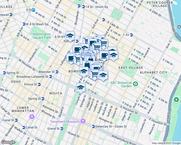 map of restaurants, bars, coffee shops, grocery stores, and more near 96 East 4th Street in New York