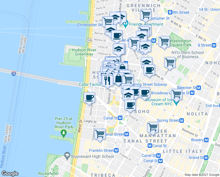 map of restaurants, bars, coffee shops, grocery stores, and more near Hudson St & Spring St in New York