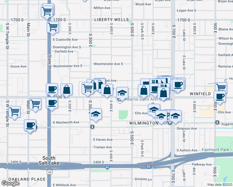 map of restaurants, bars, coffee shops, grocery stores, and more near 423 East 2100 South in Salt Lake City
