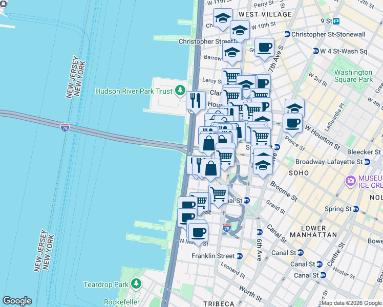 map of restaurants, bars, coffee shops, grocery stores, and more near 550 Spring Street in New York