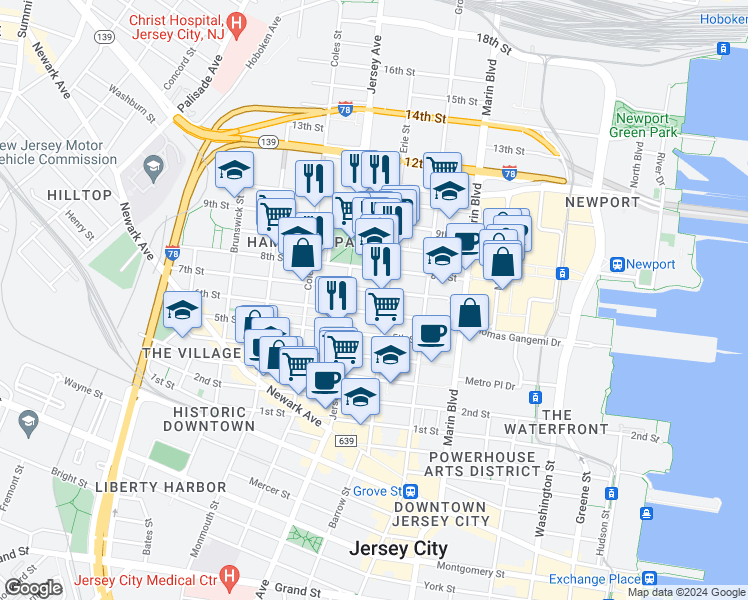 map of restaurants, bars, coffee shops, grocery stores, and more near 235 7th Street in Jersey City