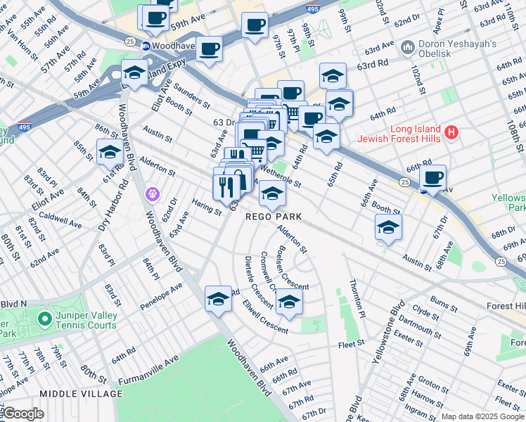 map of restaurants, bars, coffee shops, grocery stores, and more near in Queens