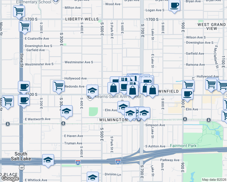 map of restaurants, bars, coffee shops, grocery stores, and more near 573 Redondo Avenue in Salt Lake City