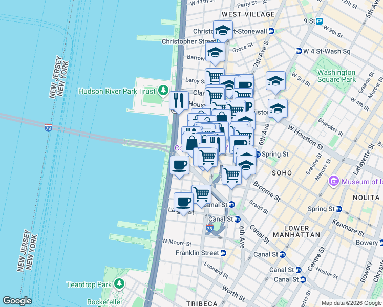 map of restaurants, bars, coffee shops, grocery stores, and more near 326 Spring Street in New York
