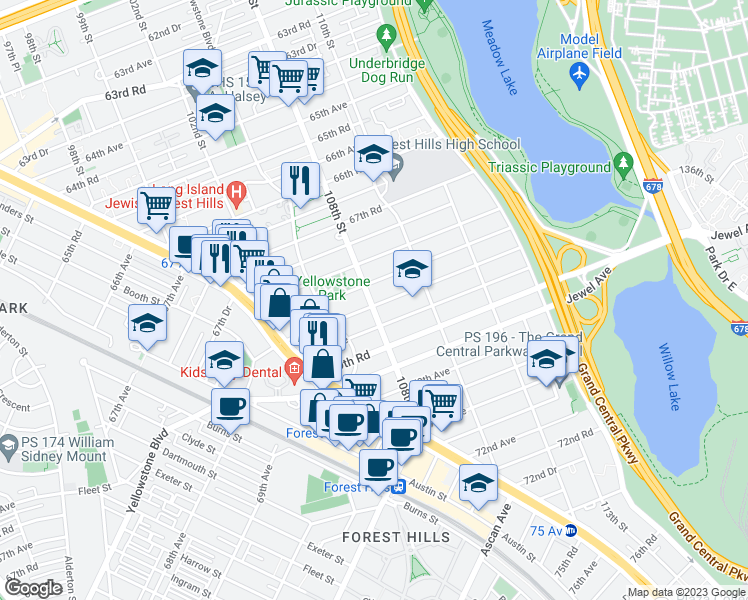 map of restaurants, bars, coffee shops, grocery stores, and more near 68-10 108th Street in Queens